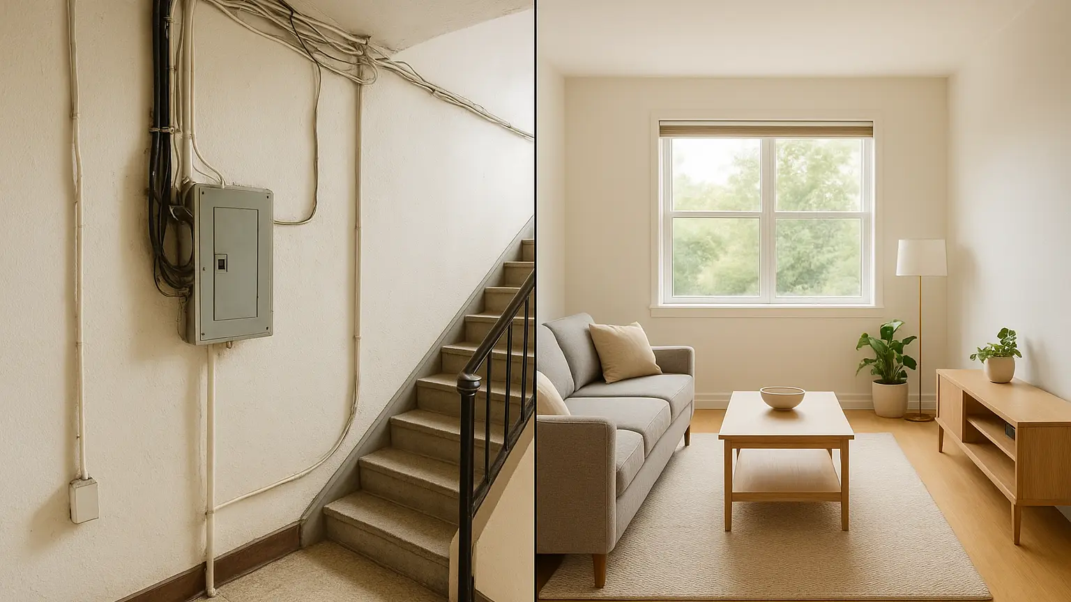 A split-view interior: hallway with exposed shared wiring and common stairwell on one side; apartment unit interior with tenant-controlled space on the other.