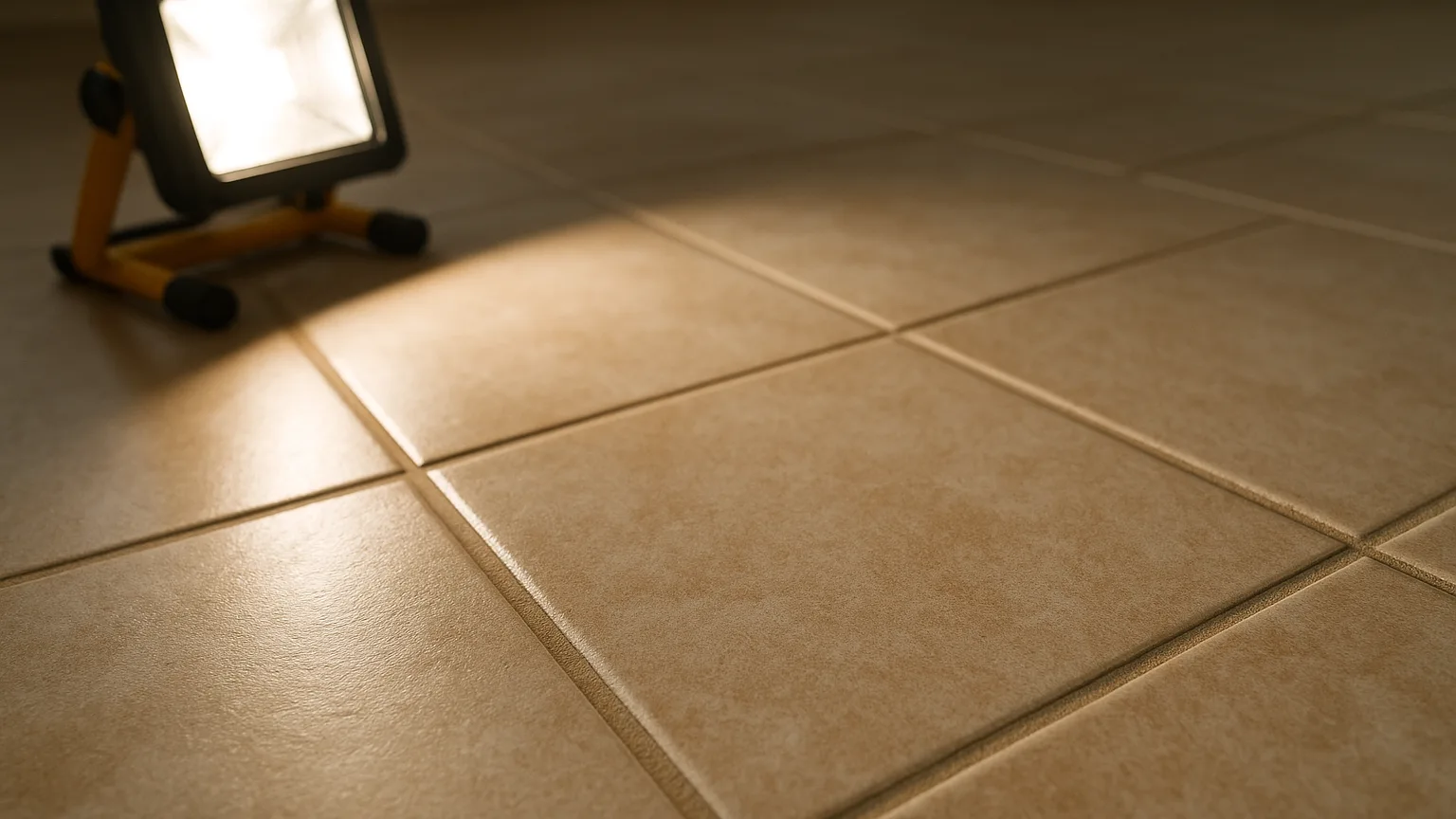 Tile kitchen floor photographed with side-angle work light positioned low, illuminating grout lines and revealing a small chip in one tile edge.