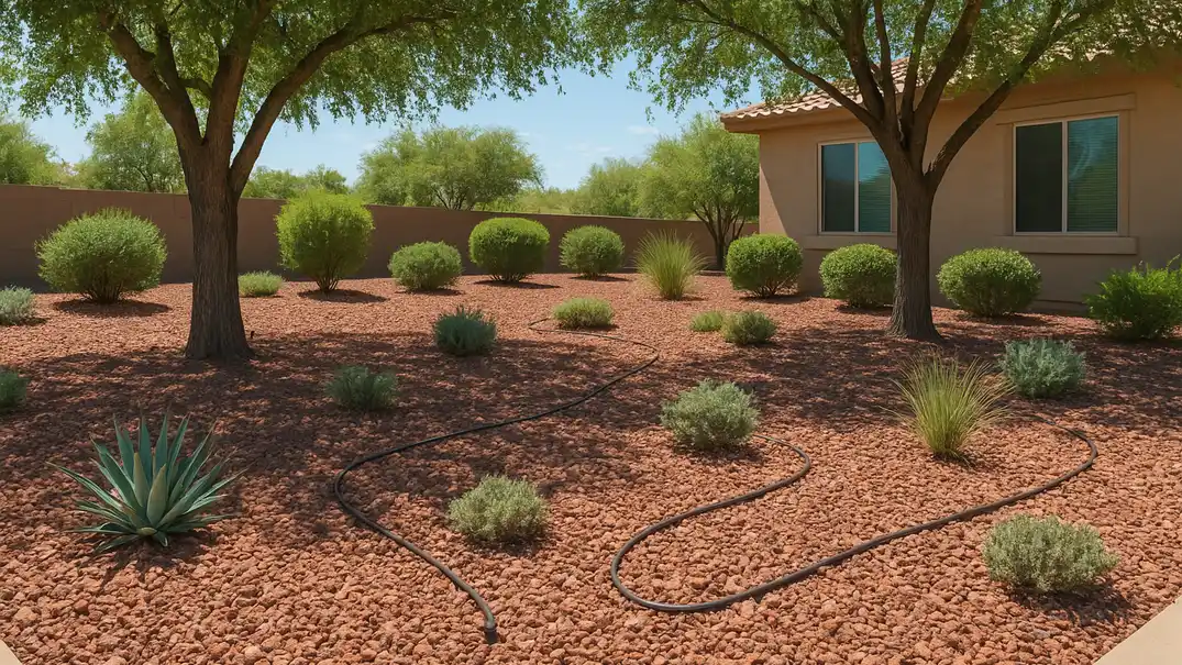 Finished desert landscape featuring mature shade trees, low-water plantings, drip irrigation system components, and decorative rock mulch in a front yard setting during afternoon heat.