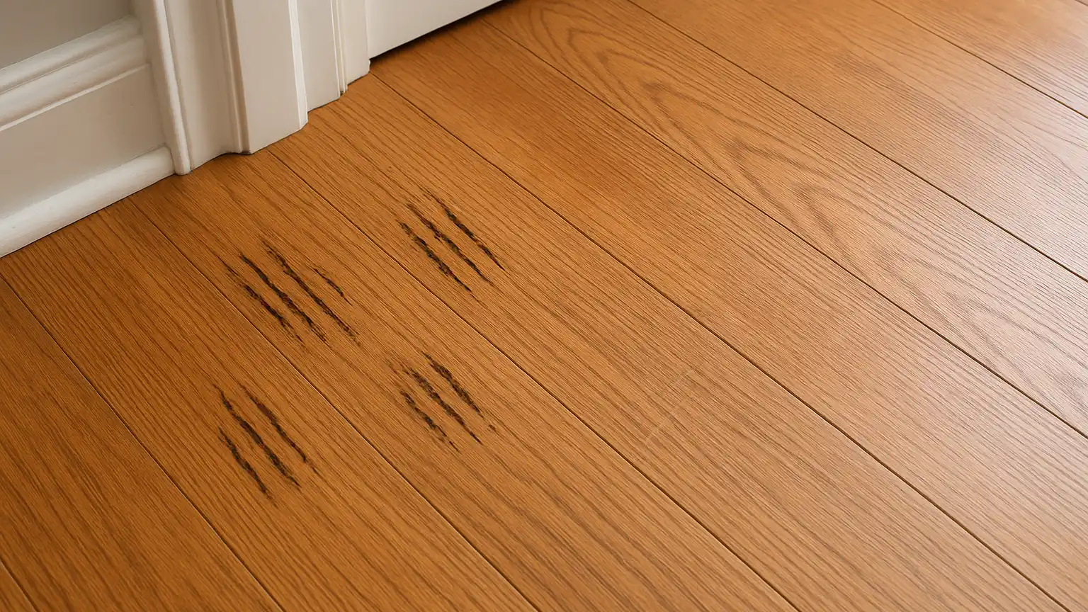 Hardwood floor section with clustered claw marks grouped in threes and fours near a doorway, compared adjacent to isolated furniture drag marks across the boards.