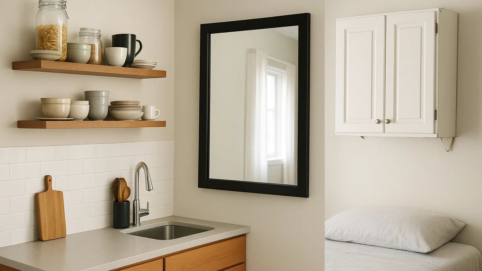 A residential kitchen or bedroom displaying three separate hazardous installations: an overloaded floating shelf, a heavy mirror mounted to drywall without studs, and a poorly secured wall-mounted cabinet.