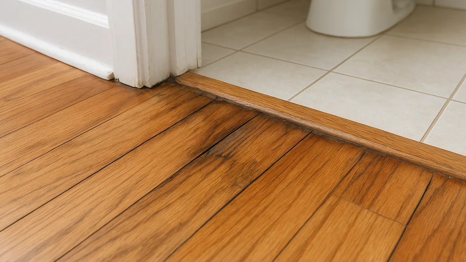 Split-view of a rental unit floor showing cupped hardwood boards near a bathroom threshold with visible dark water stains along the seams below.
