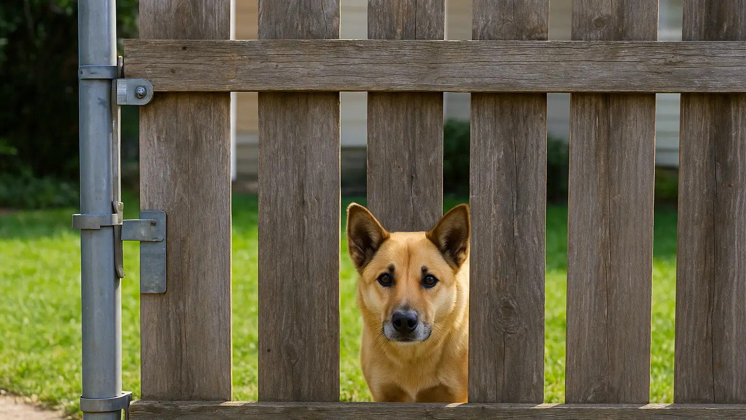 A dog behind a residential fence, visible from outside the property line, with the fence condition and gate mechanism clearly shown.