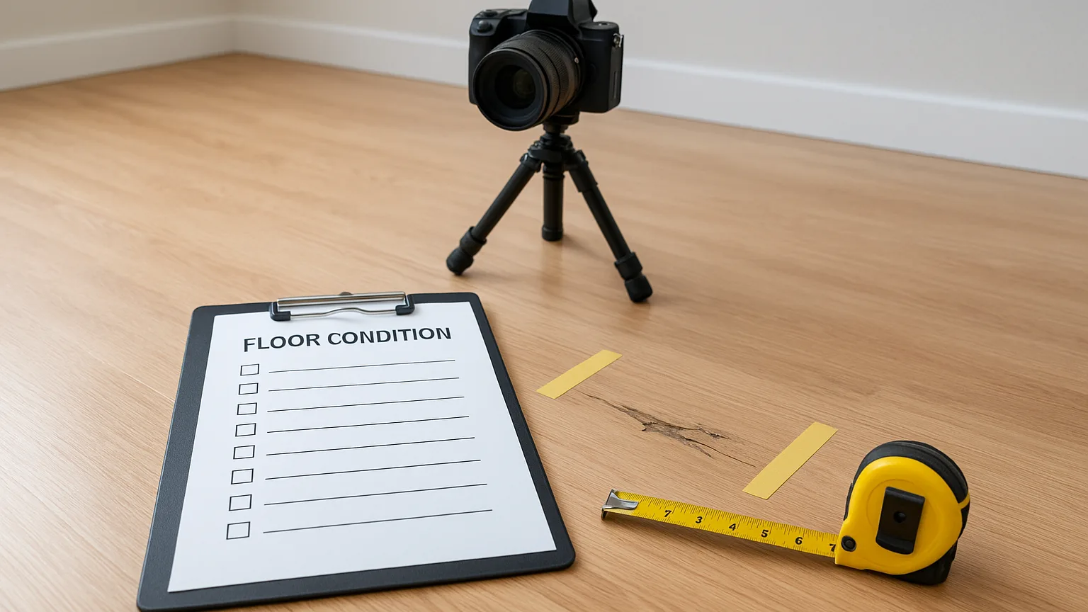 Move-in inspection setup: clipboard with floor condition checklist, camera on tripod positioned low-angle to floor, measuring tape, and marked floor section with damage indicators visible.