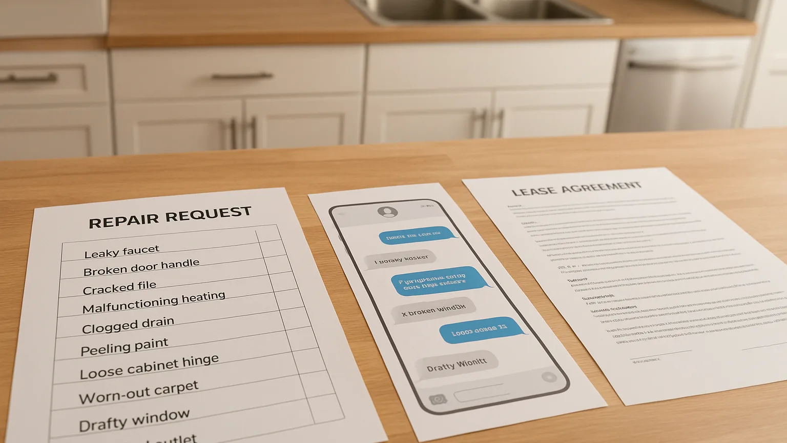 A rental unit interior showing a repair request checklist on a kitchen counter next to a dated text message printout and lease document.